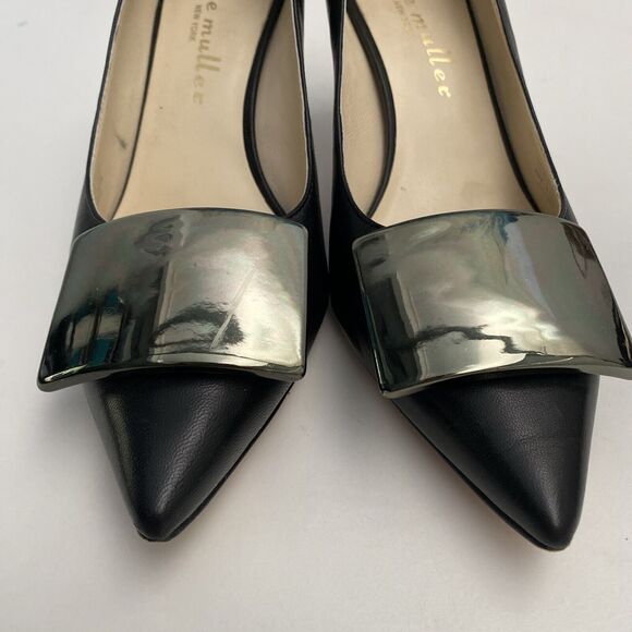 Bettye Muller Pump Black Leather Point Toe Slim 2.5" Heel Green Plate 6.5 - Picture 5 of 11